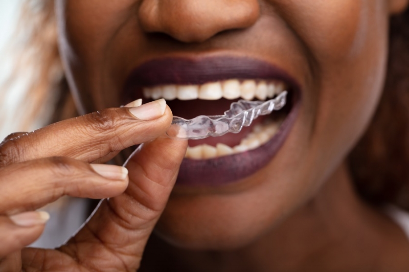 Woman removing Invisalign in Calgary 