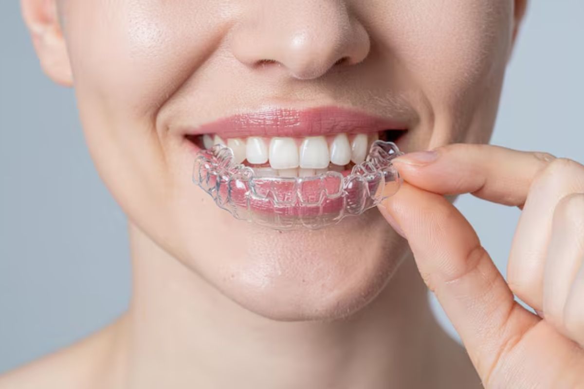 woman holding clear aligners for invisalign teeth straightening and smile correction